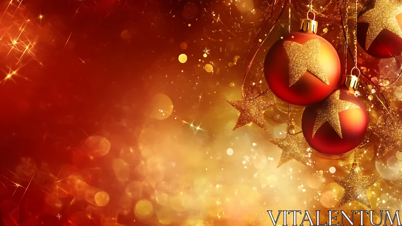 Red Christmas baubles hang over glowing golden bokeh lights