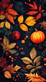 Autumn foliage and harvest fruits on deep charcoal background.