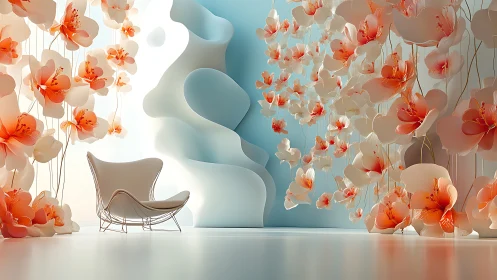 Modern interior with sculptural chair and floral wall panels.