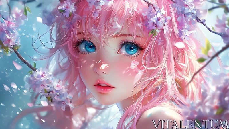 Blossom-eyed dreamer beneath a whirl of sakura petals.
