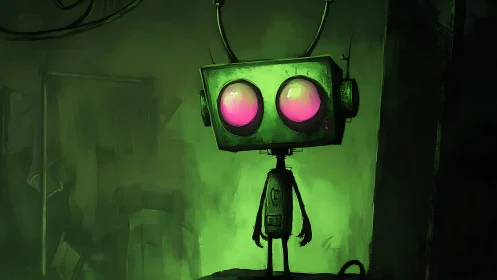 Neon-eyed loner robot glows quietly in toxic green gloom.