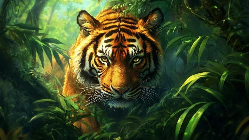 Jungle-eyed tiger prowling through emerald hush and shadow.