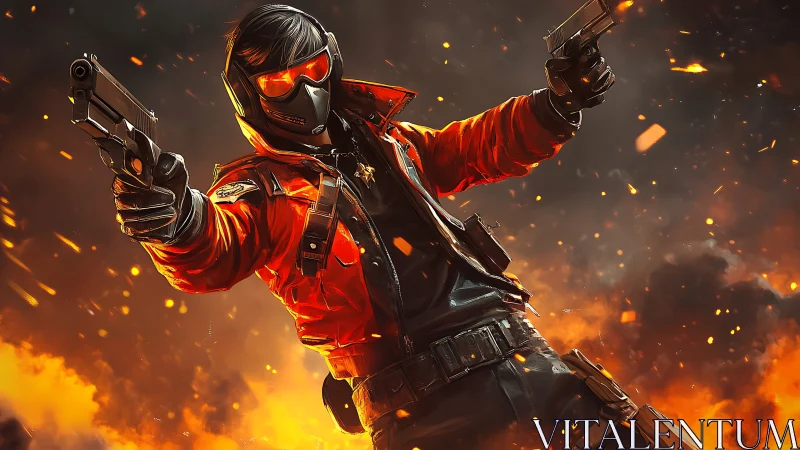 Masked gunfighter in red jacket amid blazing battlefield.