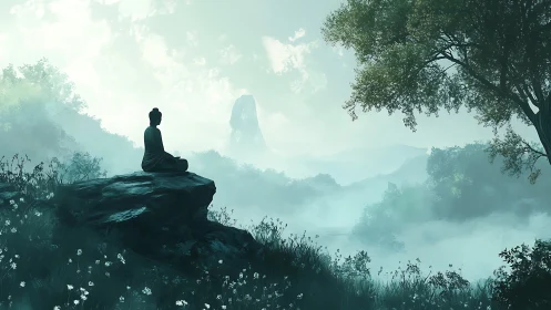 Solitary figure meditates above a misty, dawnlit valley