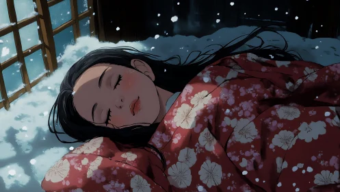 Snow-lit anime portrait depicts kimono-clad girl sleeping outdoors