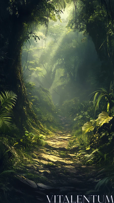 Misty Forest Corridor: Luminous Woodland Path Through Dense Canopy.