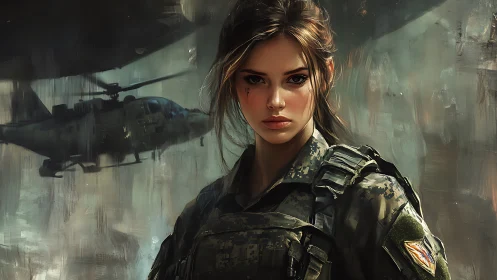 Calm soldier’s gaze in a storm of blades and rotor wash.