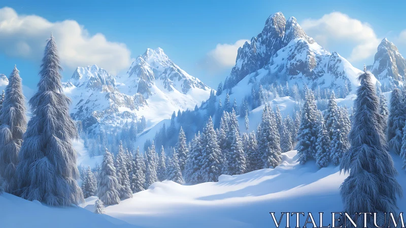 Snowy alpine valley rests beneath towering winter peaks.