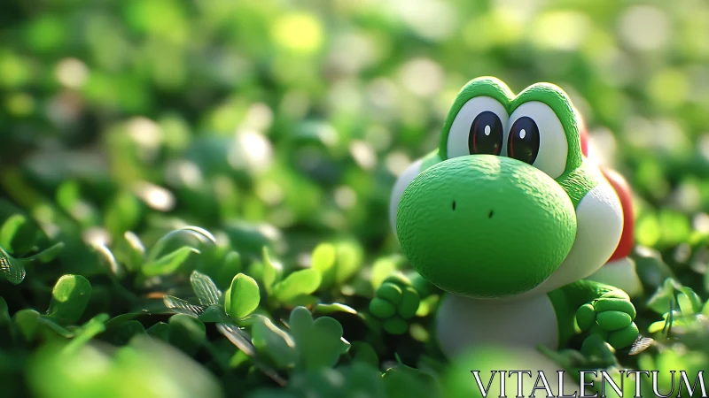 Green cartoon dinosaur figure among small green leaves.