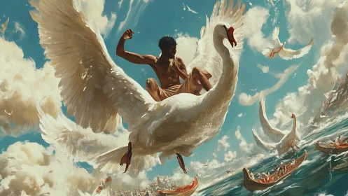 Mythic rider soaring on colossal swan above crowded harbor