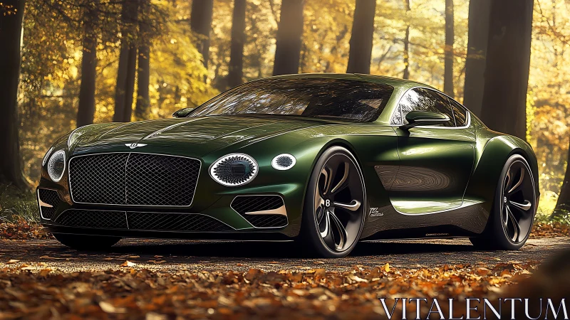 Green luxury coupe parked on forest road in autumn.