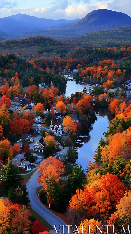 Lakeside village glows under dense autumn mountain forest.