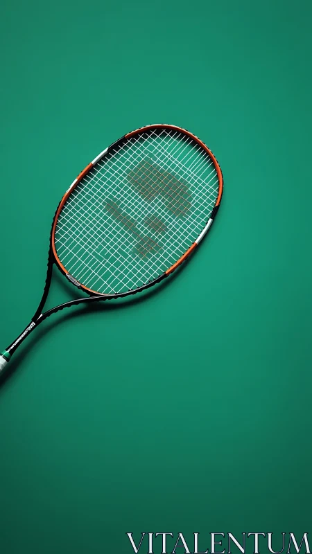 Tennis racket resting on bold green court backdrop.