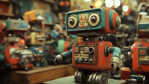 Retro-styled service robot in densely populated workshop scene.