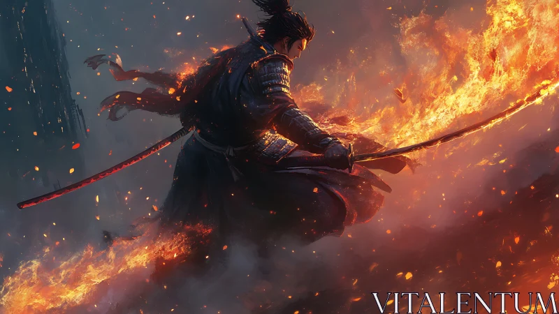 Samurai warrior cuts fiery arc through burning battlefield