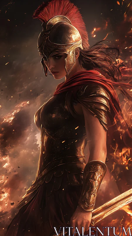 Armored warrior in incandescent battlefield illumination.