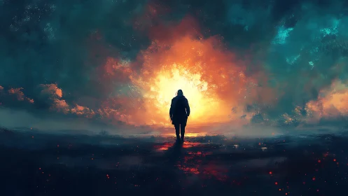 Lone wanderer crossing a storm of firelit midnight skies.