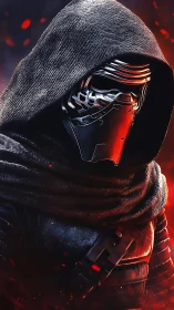 Mysterious hooded warrior glowing in fiery crimson light.