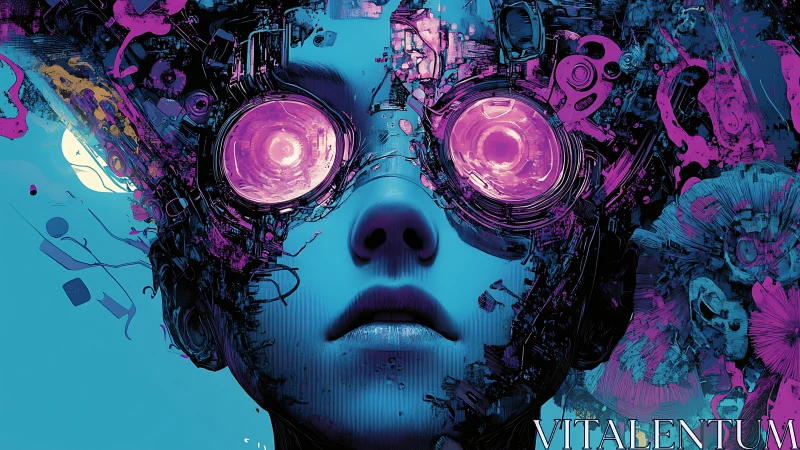 Neon cybernetic gaze merges human emotion with machine chaos