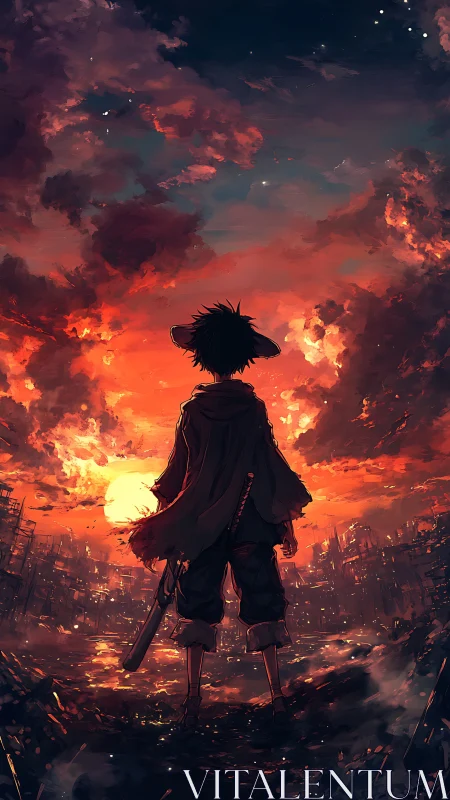 Solitary figure overlooking ruined city at red sunset.