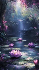 Enchanted forest lagoon with luminous violet lotus blooms.