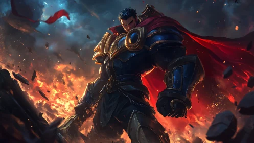 Armored warrior strides through firelit battlefield storm.