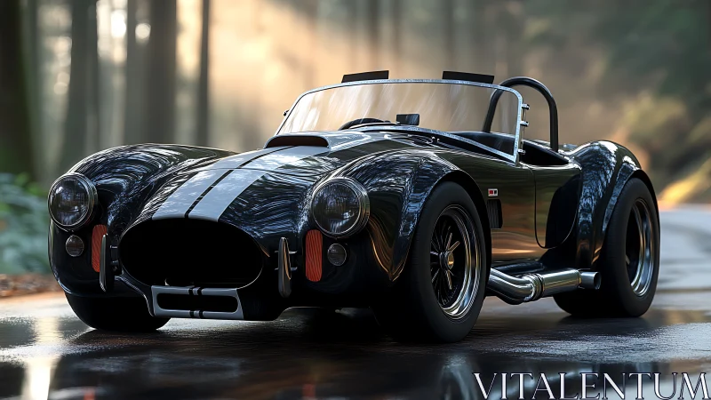 Black classic roadster with racing stripes on forest road.