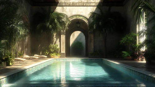 Sunlit courtyard pool beneath lush tropical palms at noon.