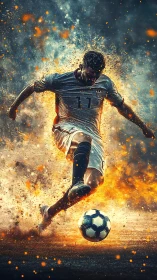 Fiery soccer striker charges forward in an explosive kick