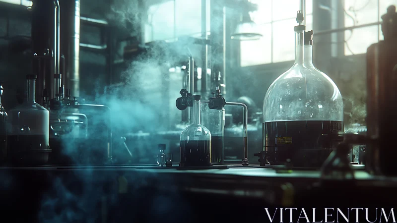 Industrial laboratory glass reactors in cinematic steam glow.