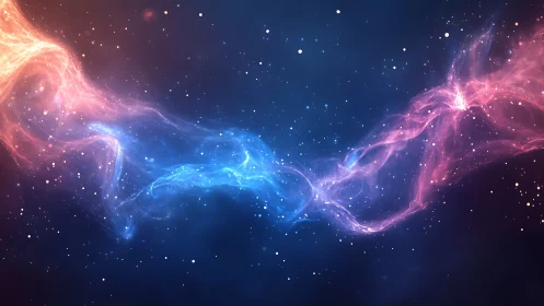 Cosmic blue and pink nebula streams across star field.