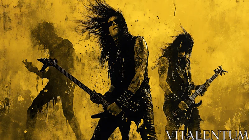 Explosive metal guitarists silhouetted on grungy yellow field.