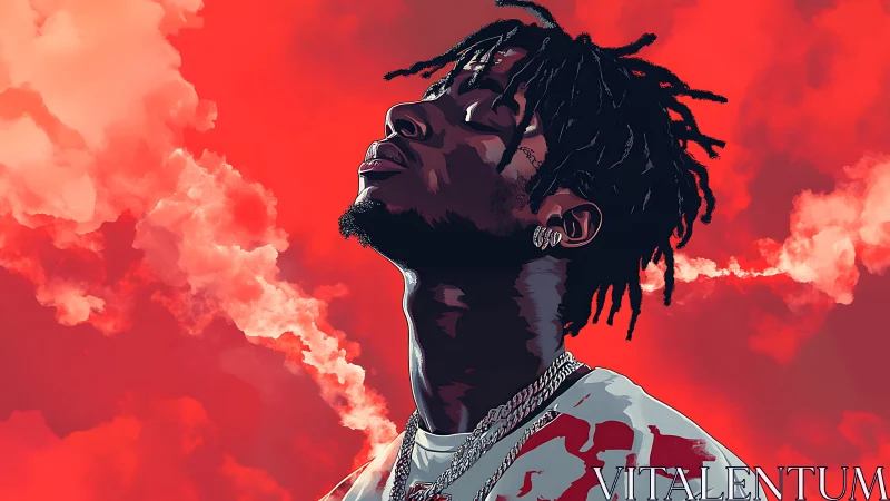 High-contrast vector portrait isolates subject against saturated red sky