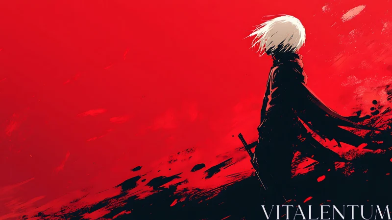 White haired swordsman stands against flat red backdrop