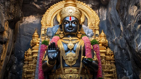 Black stone Hindu deity idol with ornate gold kavacham in cave