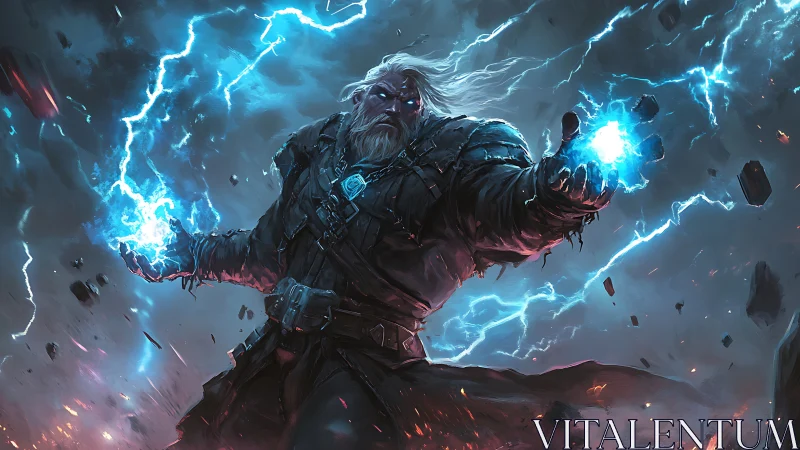 Stormforged sorcerer calling down wild blue lightning.