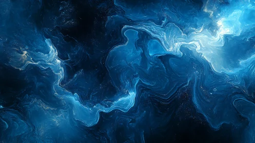 Digital painting of cosmic blue fluid nebula structures.