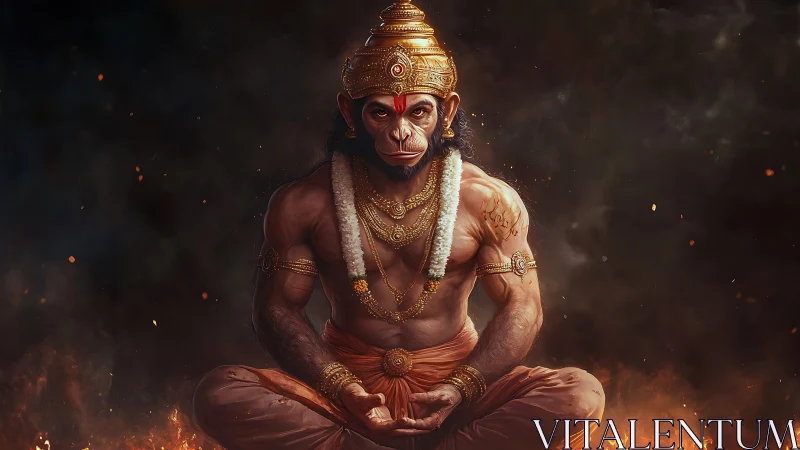Hanuman warrior meditates amid embers and divine fire.