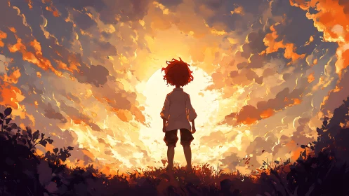 Silhouetted child faces blazing sunset sky in solitude.