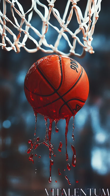 Basketball drips vivid red liquid under suspended hoop net