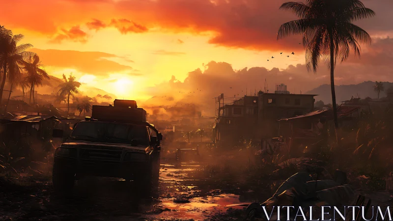 Sunburnt escape truck crawling through jungle shantytown dusk.