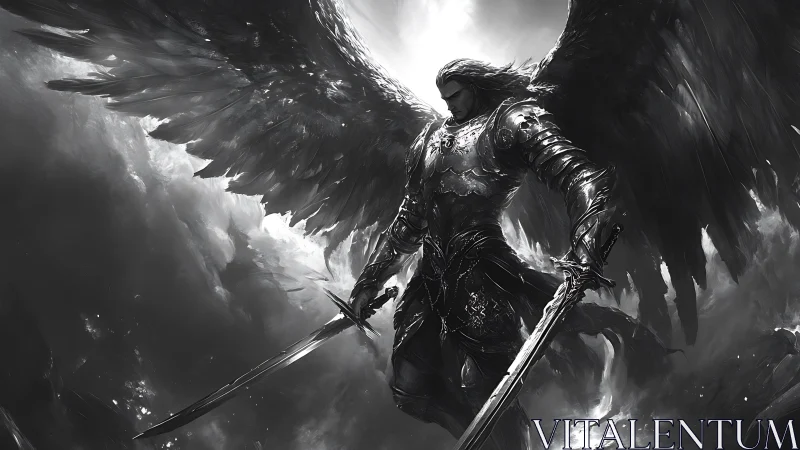 Armored winged warrior stands in clouds holding two swords