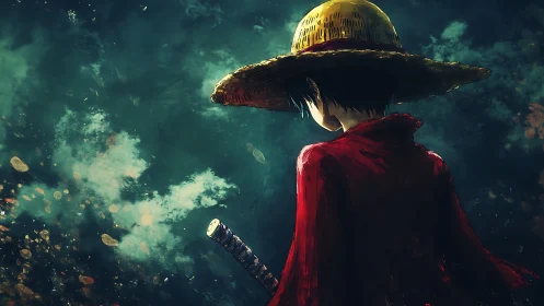 Anime lone swordsman in straw hat, dramatic back lighting.