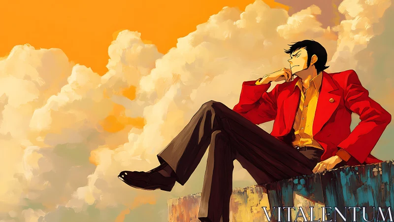 Cool anime man relaxes on a ledge beneath golden clouds