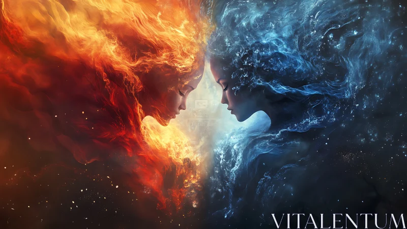 Fire and water duality: opposing elemental forces converge.