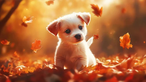 Playful puppy amid glowing autumn leaves at sunset.
