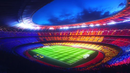 Night stadium panorama with vibrant red yellow blue crowd display.