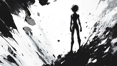 Silhouetted figure stands amid high contrast abstract debris