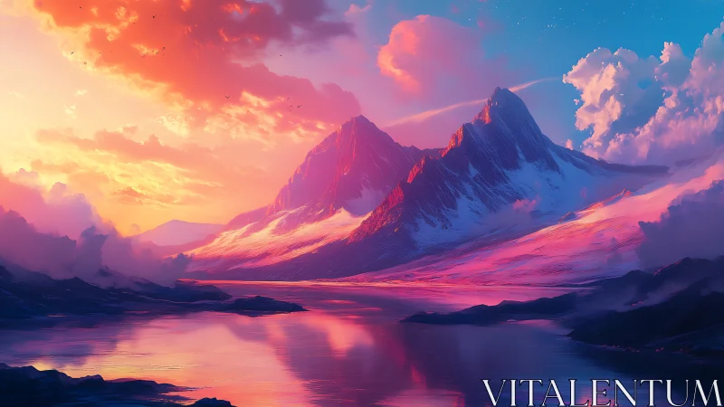 Radiant pastel mountains welcome a calm mirrored sunrise