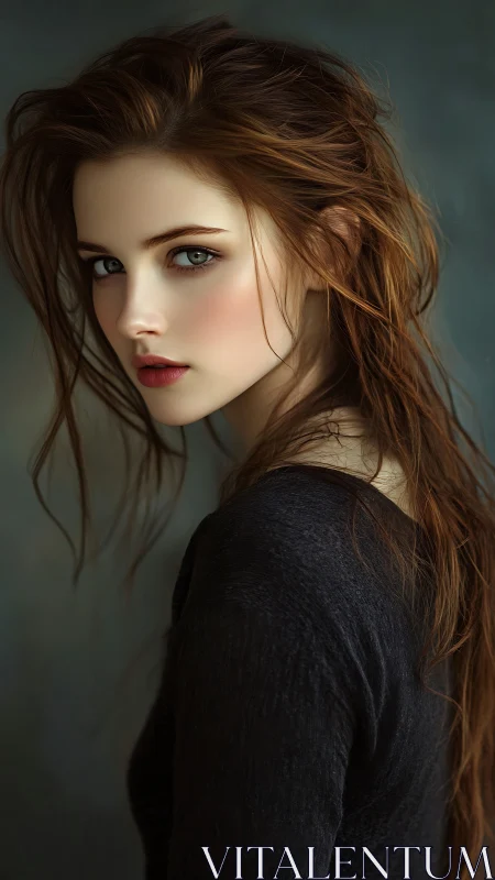 Intense digital portrait of young woman in dark clothing.
